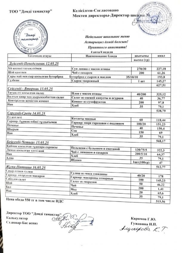 Асхананың күнделікті мәзірі 12.05.2025 - 16.05.2025ж
