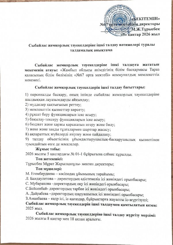 Сыбайлас жемқорлық тәуекелдеріне ішкі талдау нәтижелері туралы талдамалық анықтама